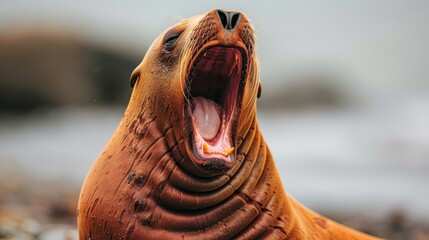   A close-up of a seal with its mouth opened widely