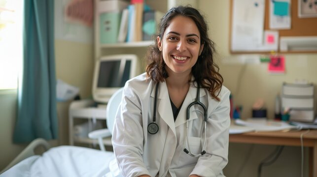 A portrait of a female doctor seated on the bed in her office gives the advise to patien in the room with a big smill. 