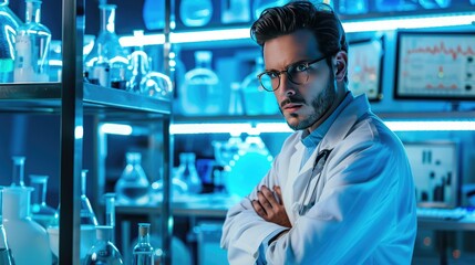 In the midst of a laboratory filled with cutting-edge equipment, a handsome young doctor works diligently, his passion for scientific inquiry evident in every action. 