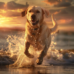 a labrador retriever is seen sprinting down a beach at sunset, he's kicking up water and sand as he...