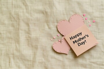 A simple and elegant card with two red paper hearts with the text "Happy Mother's Day!".  The card is made of brown paper or cardboard, adding texture and warmth to the design.