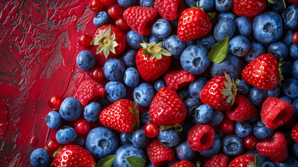 A close up of a bunch of blueberries and strawberries - Powered by Adobe