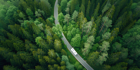 Aerial perspective of a motorhome driving on a road through the forest 