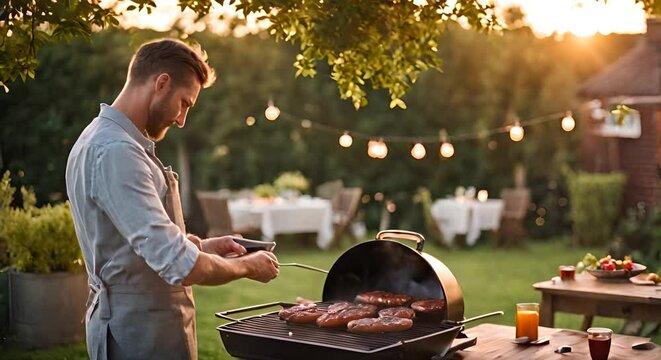 Man doing BBQ in the garden.