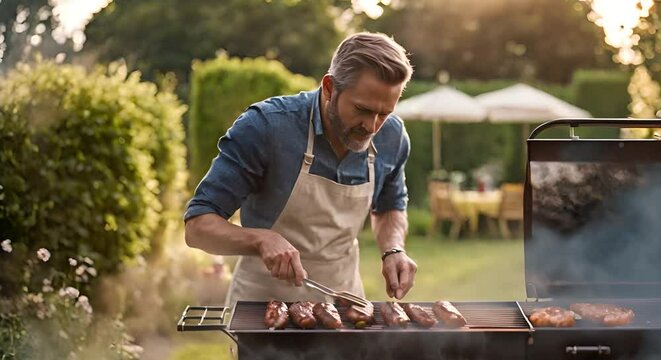 Man doing BBQ in the garden.