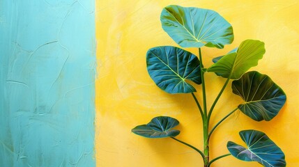 A beautiful Monstera deliciosa plant in front of a blue and yellow background.