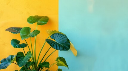 A large potted plant with green leaves stands in front of a yellow and blue background.