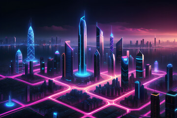 Futuristic smart city landscape with high technology and digital smart connection, city night light background, data tech, neon light of building skyscraper.