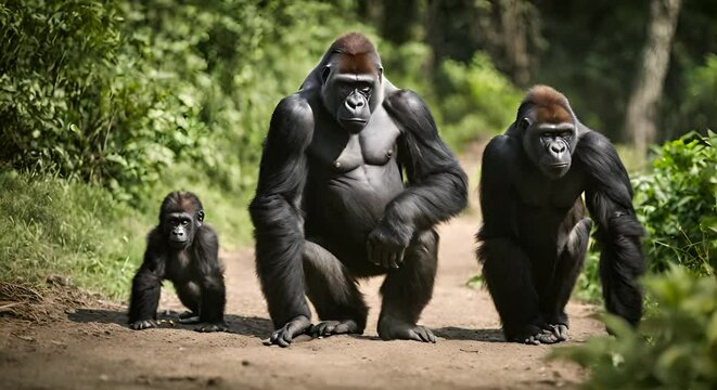 Gorilla family in the forest.