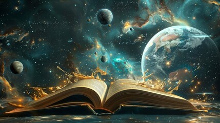 The image is showing a book with the universe and planets inside.