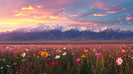 The image shows a beautiful landscape with a field of flowers in the foreground and snow-capped mountains in the distance. The sky is a gradient of pink, orange, and yellow.