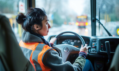  confident female RHD bus driver behind wheel of bus, exuding professionalism and warmth. She appears ready to transport passengers safely to their destination. Everyday woman lifestyle concept