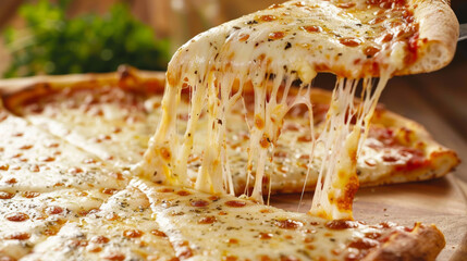 A slice of pizza with melted cheese is being pulled apart - Powered by Adobe