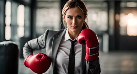 Businesswoman with boxing gloves. - Powered by Adobe