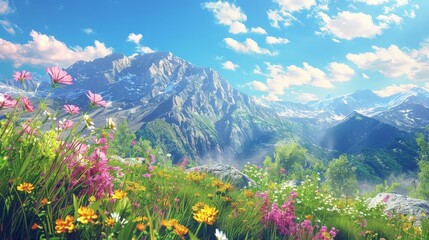 The image shows a beautiful mountain landscape with a colorful meadow in front. The sky is blue and there are some clouds.