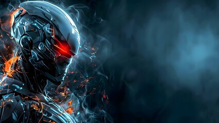 Cyborg Soldier: Digital Artwork featuring Red-Light Eyes in Dark Metal Helmet. Concept Digital Art, Cyborg Soldier, Red-Light Eyes, Dark Metal Helmet