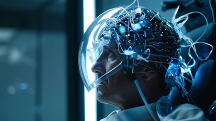 The image shows a person wearing a futuristic helmet with a glowing blue brain-like object inside
