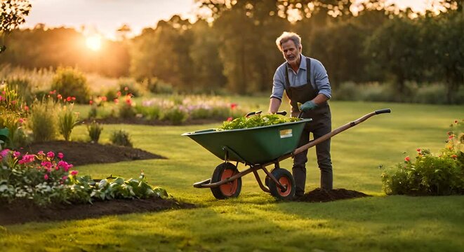 Gardener with a wheelbarrow in the garden.