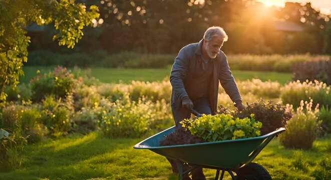 Gardener with a wheelbarrow in the garden.