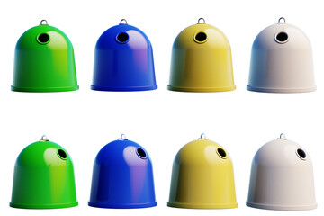 Several recycling garbage cans on transparent background. 3D Render