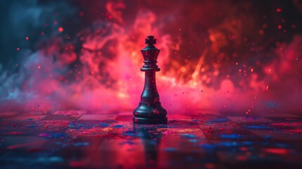 Dramatic king chess piece on a reflective surface with explosive red background