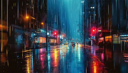 Rain in the night city. Blurred view of a city street with lights on a rainy night. Blurred bokeh highlights