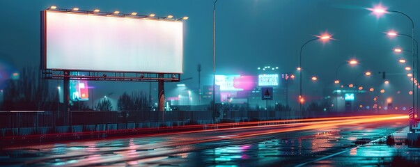 Fototapeta premium Blank billboard in the City on the side road, against a blurred techno city background with futuristic lighting and architectureb