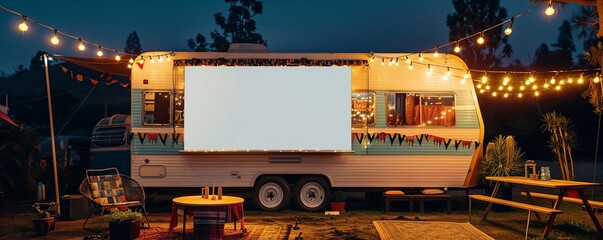 White blank billboard on a colorful trailer at a travel festival, featuring banners, string lights, and adventurous decorations