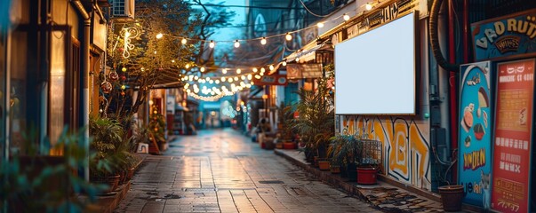 Obraz premium A pristine white billboard in a market, festively decorated with string lights, banners, and colorful stalls, perfect for cheerful advertising