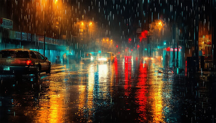 Rain in a city at night. Blurred view of a city street with lights on a rainy night. Blurred bokeh...