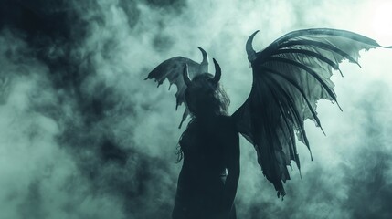 Silhouette of a Sexy Winged Devil Woman in a foggy smoky background, concept of vampire, evil, Halloween, video game.