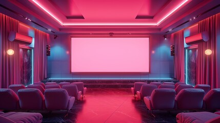 Big blank billboard in a luxurious pastel color theater room for film releases