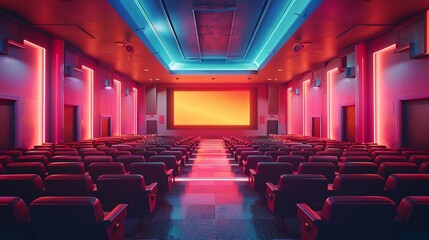Big blank billboard in a luxurious pastel color theater room for film releases