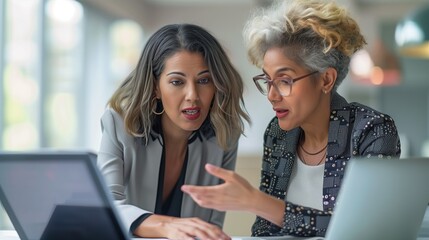 Two professional businesswomen analyzing and discussing about documents at office using laptop, concept of professional work, teamwork, working on site.