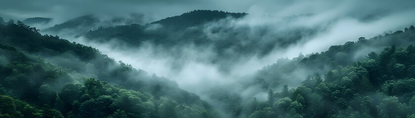 Early Morning Fog Covers Majestic Forested Mountain Slopes in a Quiet Mystical Landscape of Natural Serenity