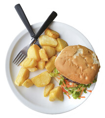 Beef burger with potatoes isolated