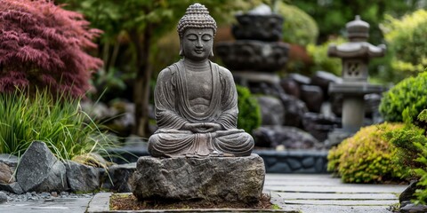 Buddha status in natural background, Buddha sits in garden with water, plants and lotus, concept of meditation, Buddha religious, believe, peaceful, with copy space.