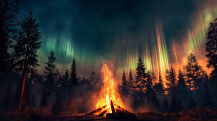 Camp fire in wilderness forest night on Aurora borealis, northern lights over bonfire in winter forest background.
