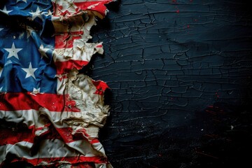 A piece of old torn and worn US flag falling apart on black background. Tattered American symbol breaking into parts