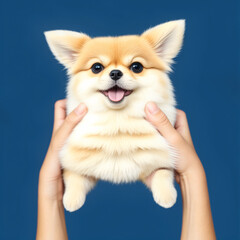 Hand holding Pomeranian dog.