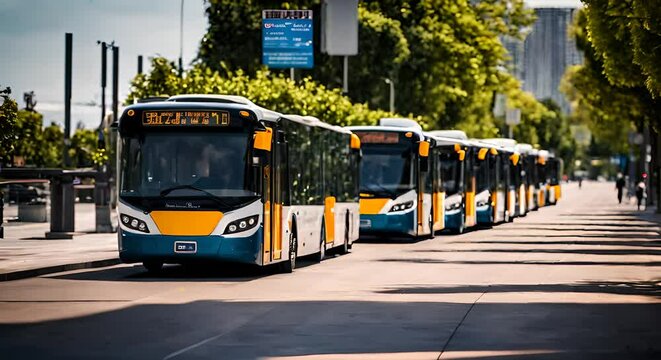 Row of electric buses.