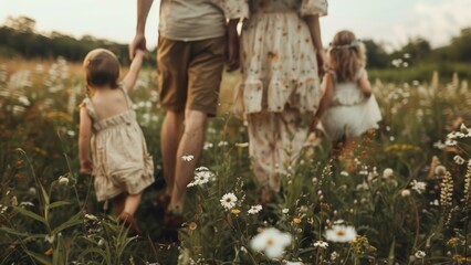 Professional photo of a couple walking through the summer field together with their small children