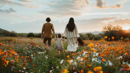 Couple walking with their child holding hands on the summer meadow covered with flowers
