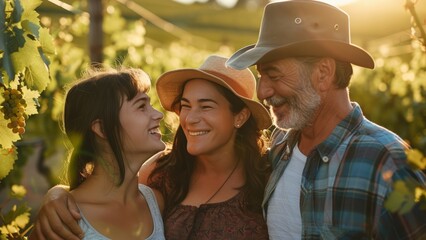 A portrait of parents with their teenager daughter smiling in the summer field