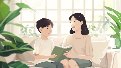 An illustration of an asian boy reading a book together with his mother