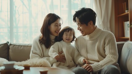 A portrait of happy asian parent with their child laughing all together