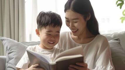 An asian boy laughing while reading a book together with his mother