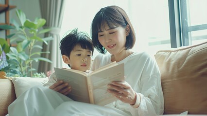 An asian mother reading a book to her small son