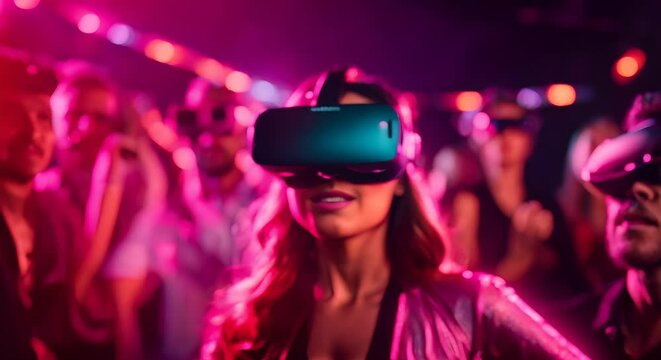 People with VR glasses in the nightclub.