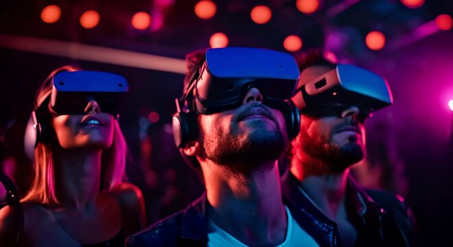 People with VR glasses in the nightclub.